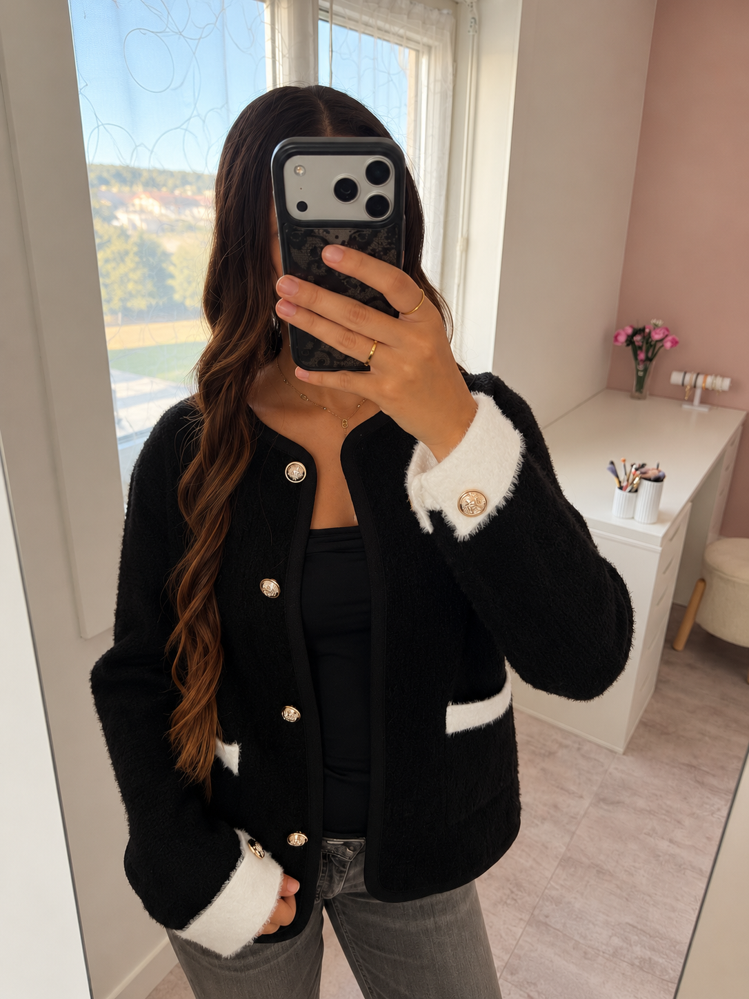 Cardigan bicolore à boutons - Noir