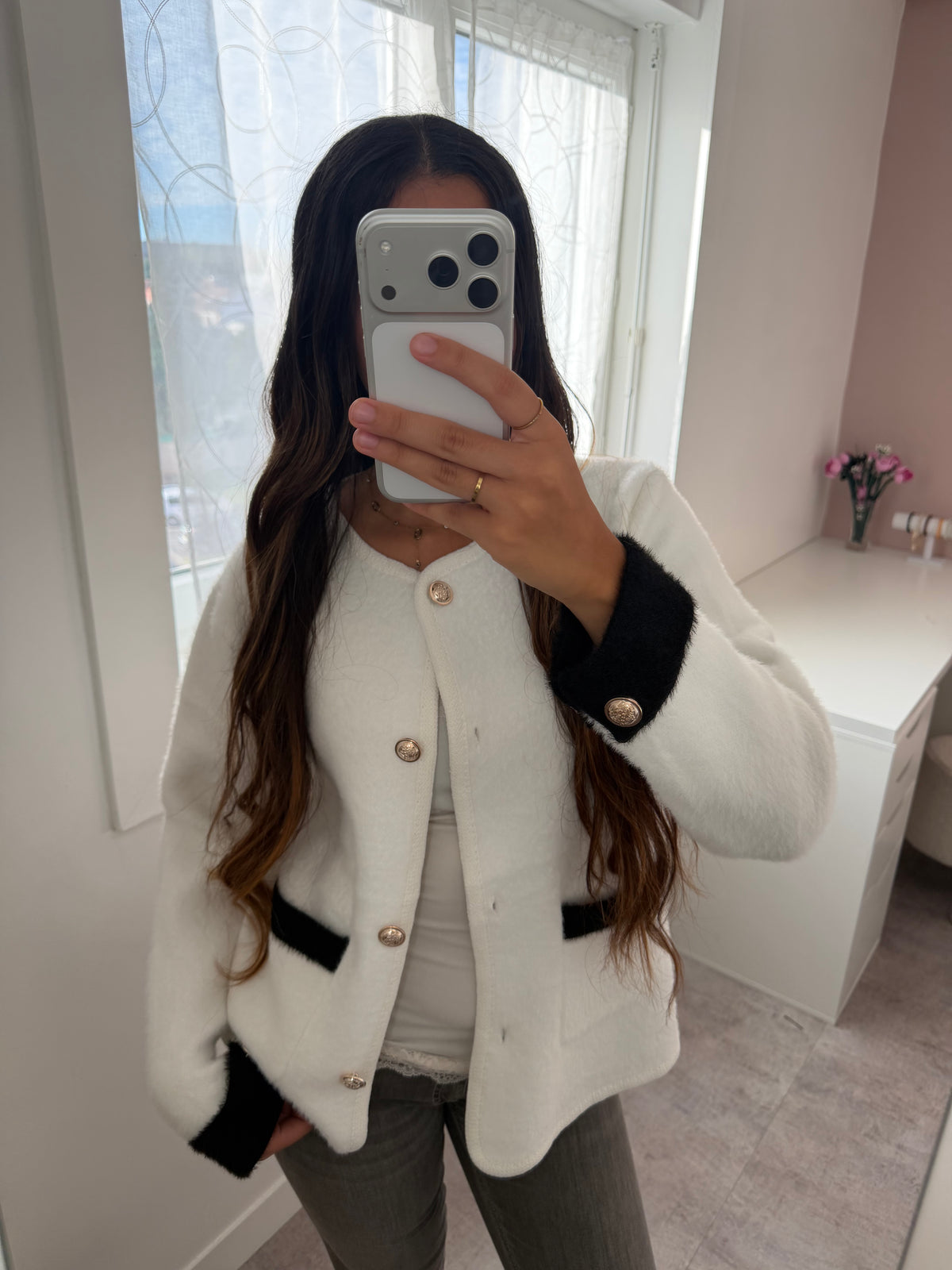 Cardigan bicolore à boutons - Blanc