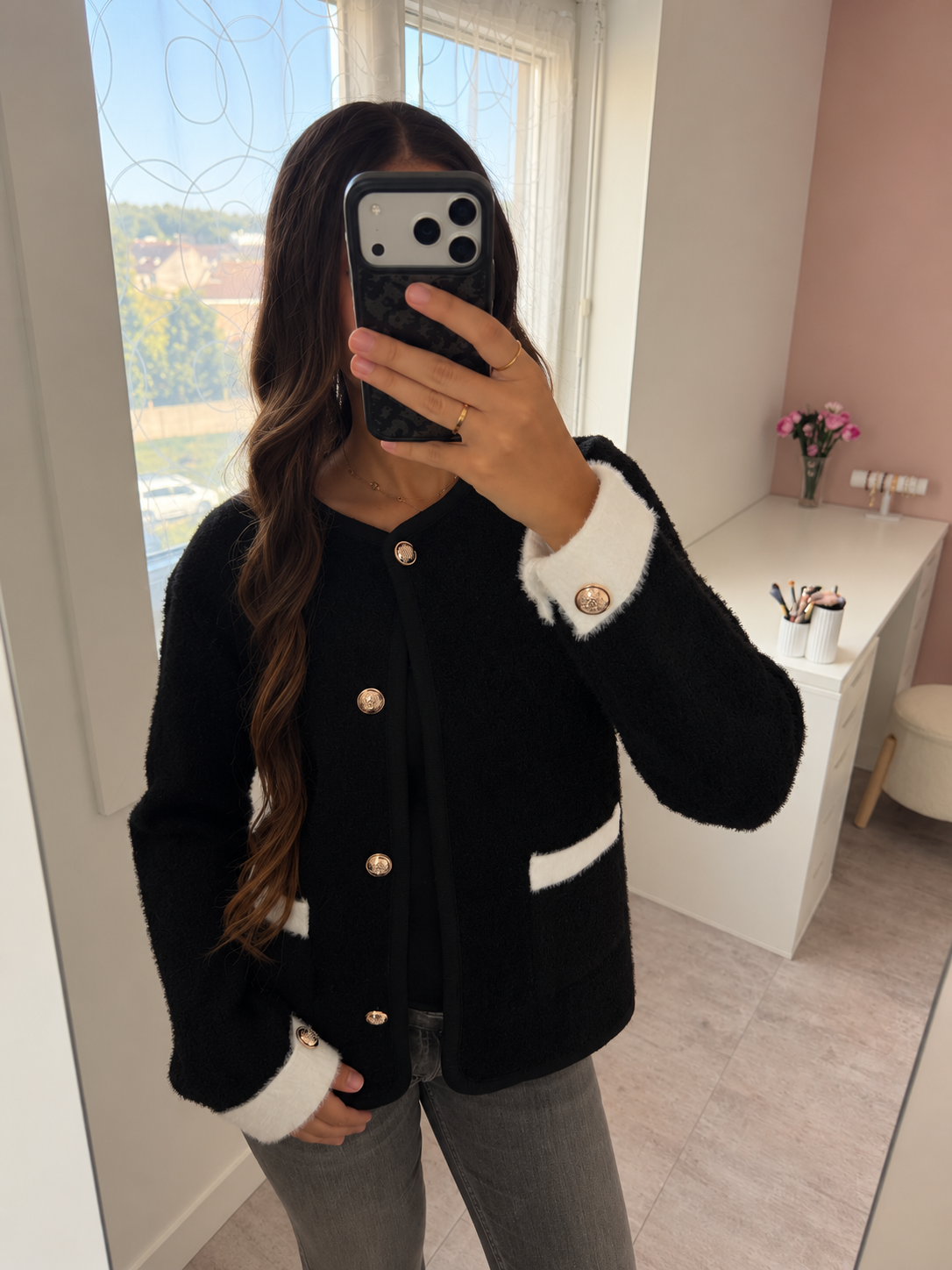Cardigan bicolore à boutons - Noir