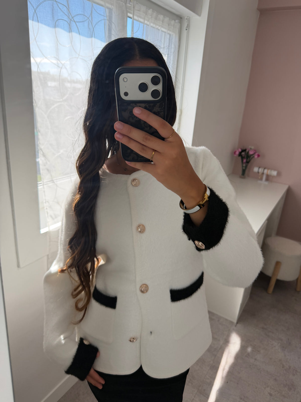 Cardigan bicolore à boutons - Blanc